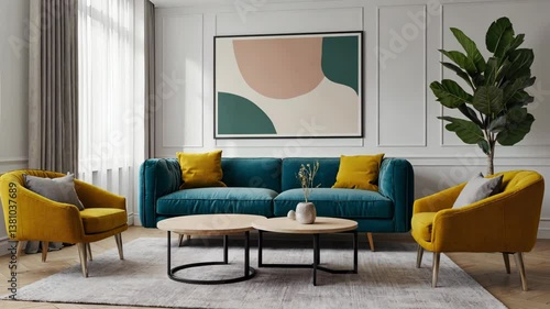 Interior Elegance: A modern living room exuding comfort and style, featuring a vibrant teal sofa, complemented by yellow armchairs, and artistic decor.