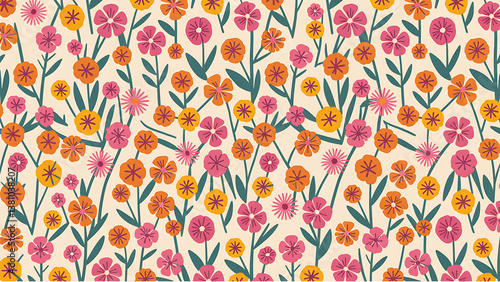 Floral pattern. Pretty flowers on a white background. Printing with small orange, red, and pink flowers. Ditsy print. Spring Bouquet.A white background, red and orange small flowers pattern.