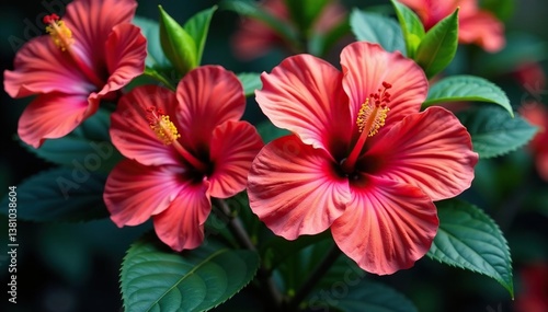 Bold hibiscus blooms in vibrant hues, tropical leaves , lush, hibiscus, floral pattern