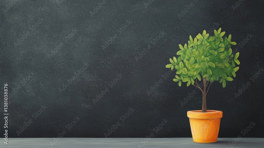 A green potted tree stands against a dark wall, creating a serene and minimalistic aesthetic. A green potted tree stands against a dark wall, creating a serene and minimalistic aesthetic.