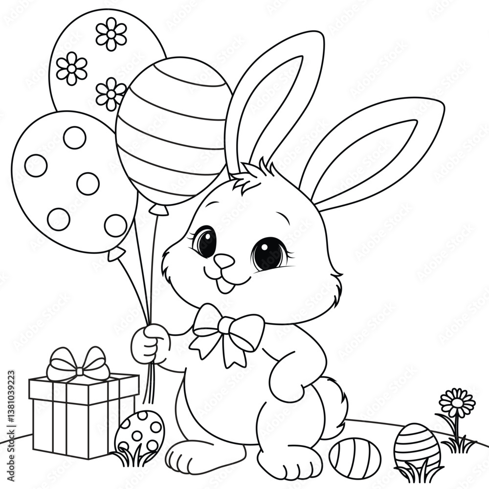 Cute Easter Bunny holding balloons coloring page for kids