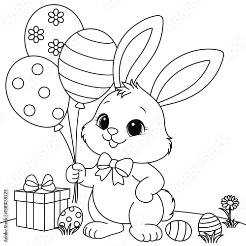 Obraz na płótnie Cute Easter Bunny holding balloons coloring page for kids w salonie