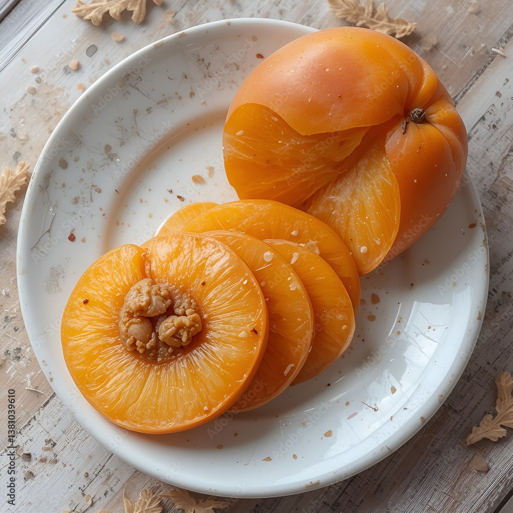 Sliced Persimmon on a Plate
* Persimmon Cut into Slices on a White Plate
* Overhead View of Sliced Persimmon on Plate
* Ripe Persimmon Slices on a Decorative Plate
* Persimmon Fruit on a Rustic Wo