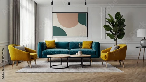 Modern Living Room: A tastefully designed living room showcases a teal sofa flanked by two yellow armchairs, a coffee table, a framed abstract art, and a potted plant.