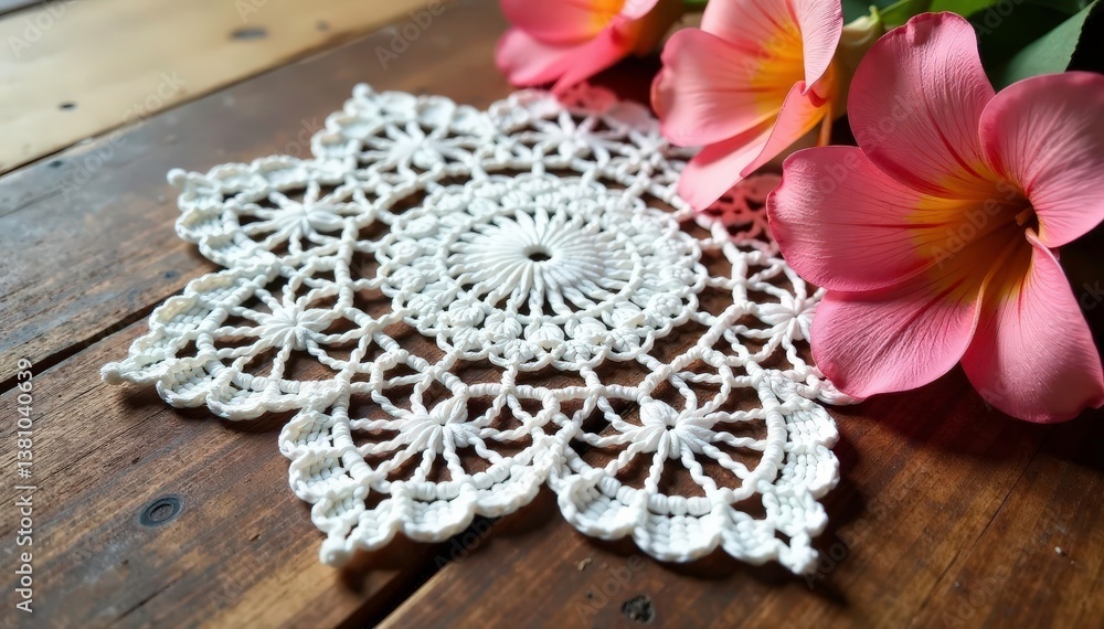 Intricate floral lace doily, delicate crochet work, handmade, close-up