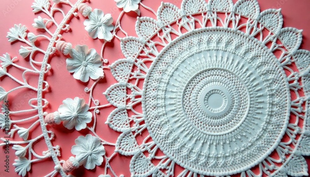Intricate floral lace doily, delicate texture, knitting, doily, home decor