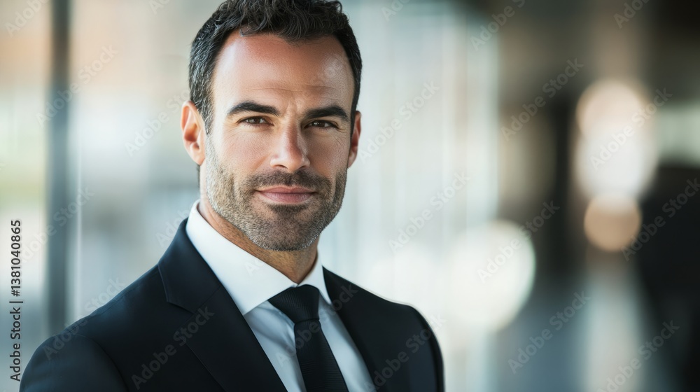 Fototapeta premium Confident businessman in formal attire, embodying professionalism and leadership in a modern office setting.