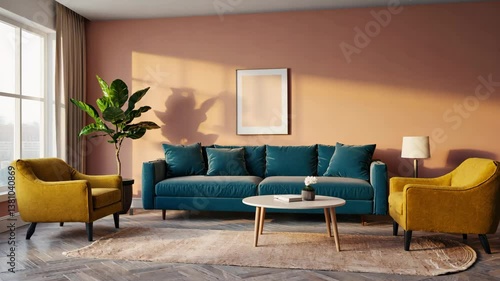 Modern Living Room: A stylish modern living room features a teal sofa and matching armchairs with soft, warm lighting casting shadows and highlighting the elegance and comfort of the space.