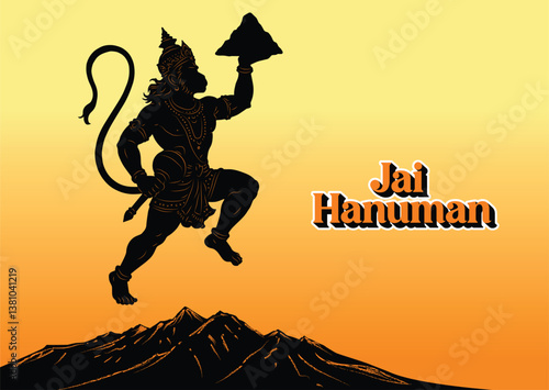 "Shree Hanuman Jayanti" Calligraphy in Marathi, meaning Greetings and wishes for Happy Hanuman Jayanti festival of India with lord Hanuman Vector Illustration