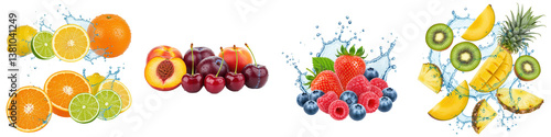 Fresh fruit variety citrus, berries, tropical, and stone fruit.
