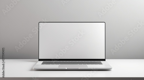 A modern laptop with a blank screen resting on a sleek, minimalist table, the laptop’s thin design and clean lines contrasting against the smooth surface