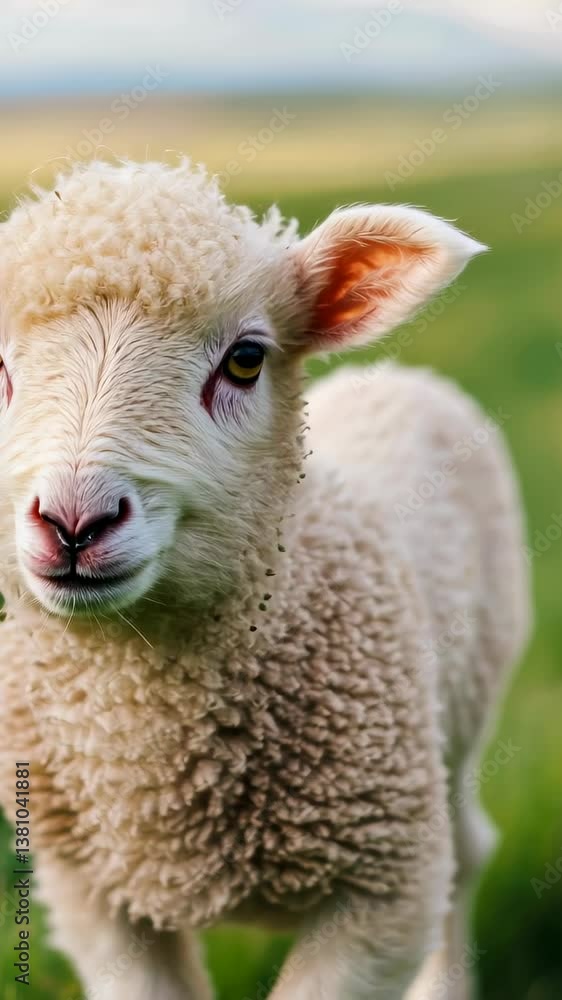 Adorable lamb standing in lush green field on a bright sunny day, 4k vertical video Adorable lamb standing in lush green field on a bright sunny day, 4k vertical video