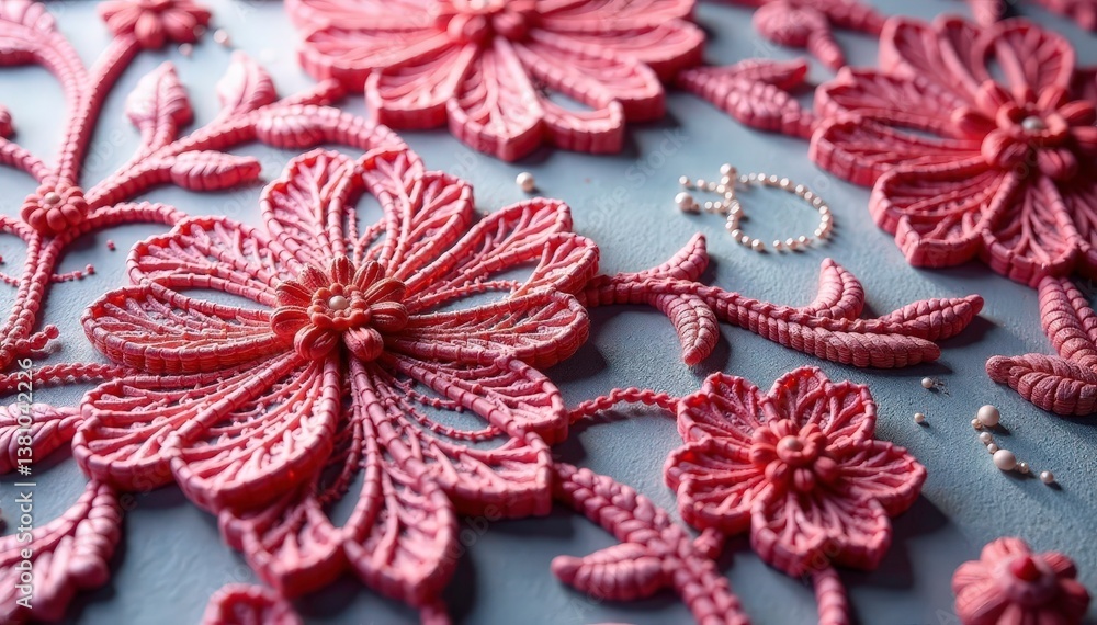 Intricate floral lace fabric texture close-up, design, damask, surface