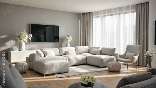 Modern Living Room: An inviting living space featuring a comfortable sofa, elegant décor, and large windows with natural lighting, showcasing the essence of contemporary design.