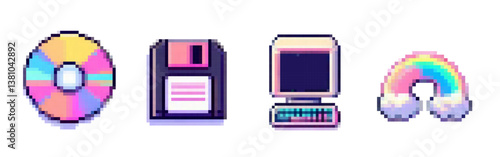 Pixel art vector illustration featuring a CD, floppy disk, vintage computer, and rainbow. Captures retro technology with vibrant colors and a playful, nostalgic 80s and 90s aesthetic.