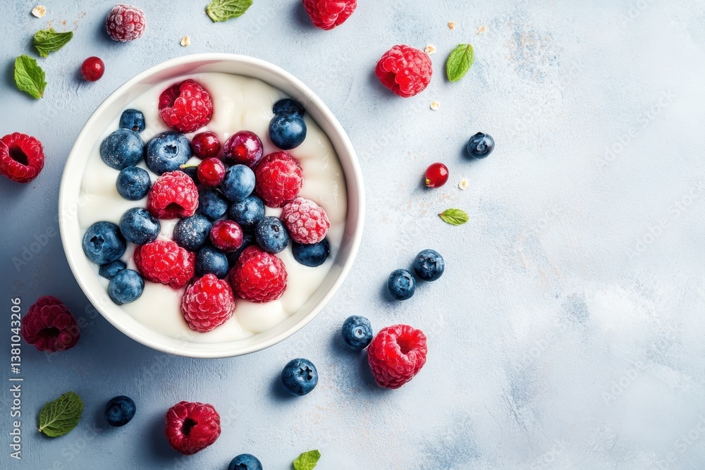 Fresh berries in a bowl with yogurt on a light blue background Fresh berries in a bowl with yogurt on a light blue background