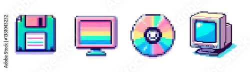 Pixel art vector illustration depicting a floppy disk, monitor with rainbow colors, CD, and vintage computer. Displays retro tech elements with a vibrant, colorful, and nostalgic aesthetic.