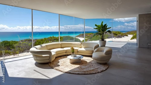 Coastal Abode: Elegant living room with panoramic sea view. Capturing the essence of luxury living. Embrace the harmony of interior design and nature's beauty, a perfect retreat.