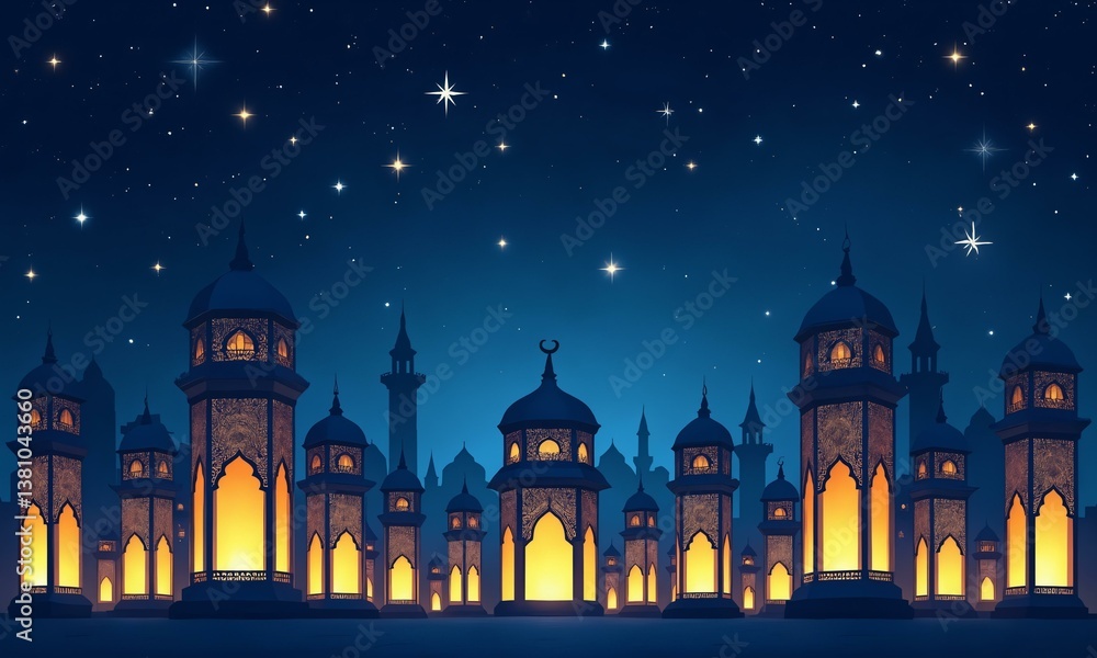 Fototapeta premium the silhouettes of intricate lantern designs in contrasting blue and gold, set amidst a sky full of bright stars.