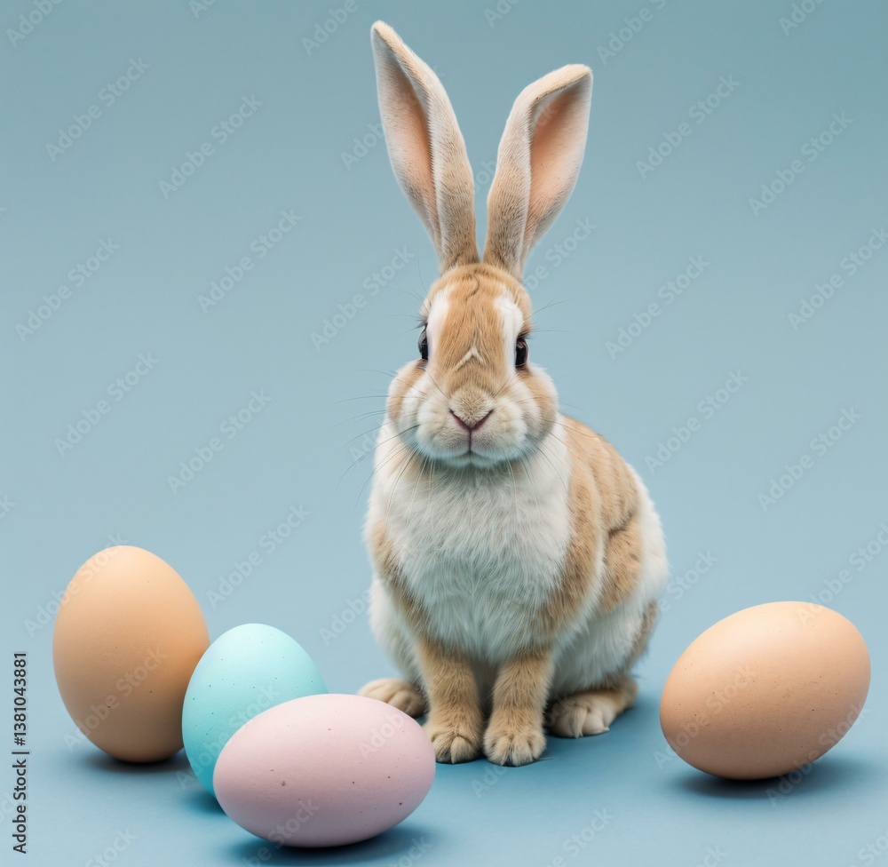 Fototapeta premium A cute, fluffy bunny seated on a nest of pastel-colored eggs, against a soft blue studio background. Generative AI