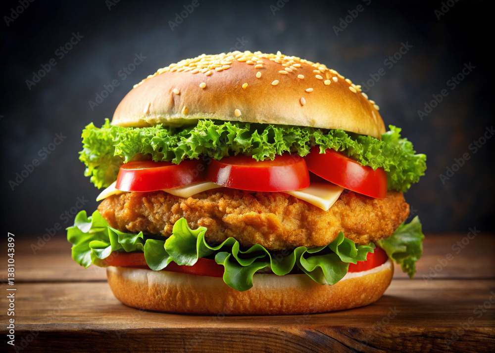 Ultra-Realistic Crispy Chicken Burger with Golden Breaded Chicken Filet, Lettuce, and Tomato – Professional Studio Photography Ultra-Realistic Crispy Chicken Burger with Golden Breaded Chicken Filet, Lettuce, and Tomato – Professional Studio Photography