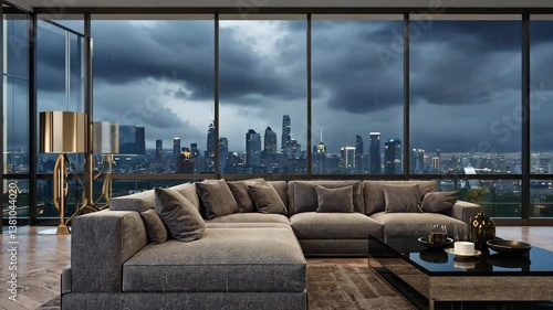 Luxury Living with a View: A lavish living space boasts panoramic city views through expansive windows, creating a harmonious blend of interior design and urban landscape.