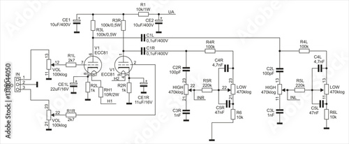 Schematic diagram of digital electronic device 
on paper sheet. Vector drawing electrical circuit with 
semiconductor lamp anode cathode, connector, 
capacitor, trimming resistor, other components.