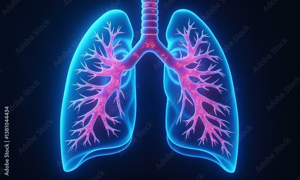 High-tech lungs with glowing air pathways, bioluminescent neon blue and purple hues, medical sci-fi concept, surreal energy flow. High-tech lungs with glowing air pathways, bioluminescent neon blue and purple hues, medical sci-fi concept, surreal energy flow.