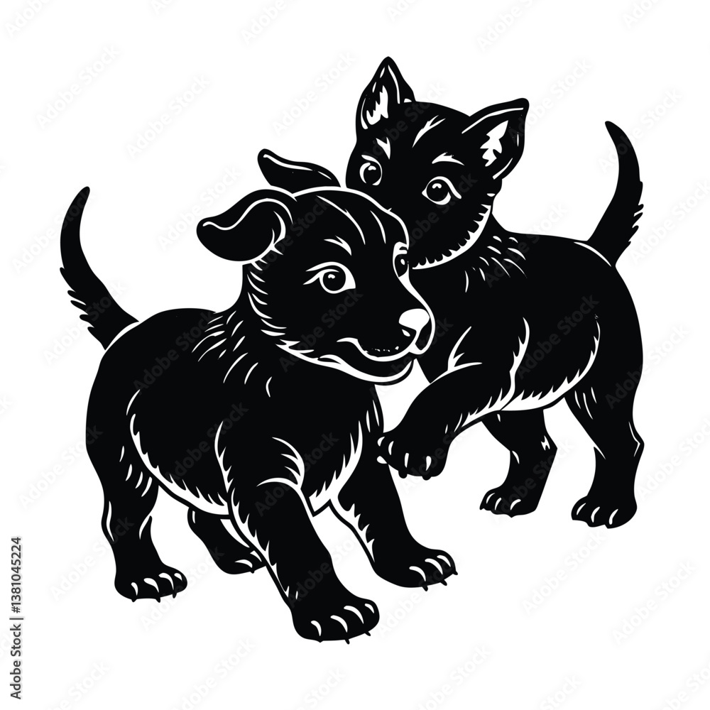 Obraz premium Vector illustration black silhouette of a dog. Dog breeds linocut