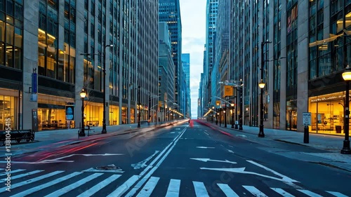 City Street at Dusk: A grand city street framed by towering buildings, illuminated by streetlights, comes alive with blurred trails of passing vehicles during dusk, creating a dynamic scene.