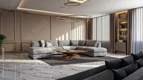Elegant Living Room Interior: A luxurious living room with a sectional sofa and modern design elements, showcasing the beauty of interior design and architectural detail. 