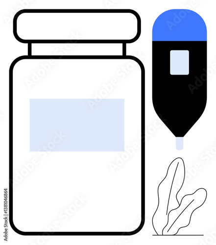 Medication jar, glucometer with test strip, and ornamental leaf design symbolize healthcare, chronic disease management, wellness, pharmaceutical use, self-care, diagnostics, and healthy lifestyle
