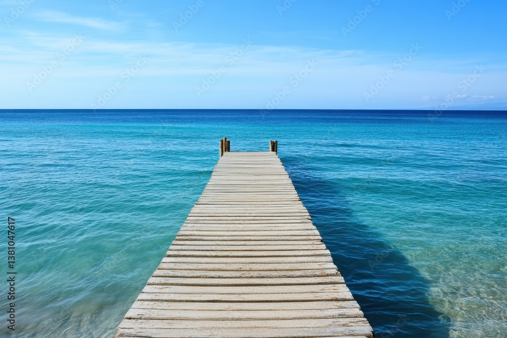 Wooden dock extends into clear blue ocean under sunny sky in tropical location Wooden dock extends into clear blue ocean under sunny sky in tropical location