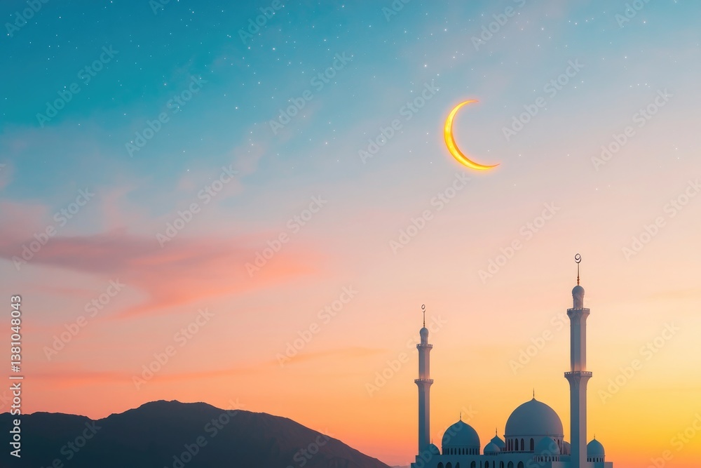 Obraz premium serene night sky illuminated by crescent moon and stars symbolizing eid al-fitr celebrations