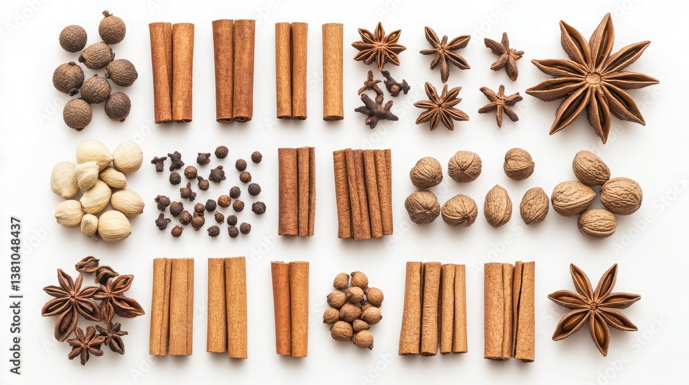 A modern flat lay of whole spices like cloves A modern flat lay of whole spices like cloves