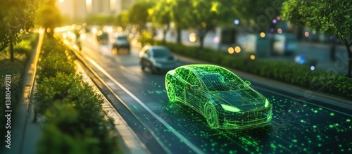 Green energy car driving on smart road at sunset