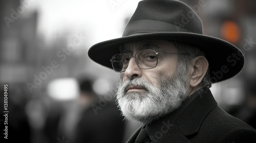 Portrait of a distinguished older man wearing a fedora in a city setting