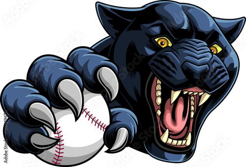Fierce Black Panther Baseball Mascot Roaring with
Claws - Hand Drawn Illustration Isolated On
Transparent Background