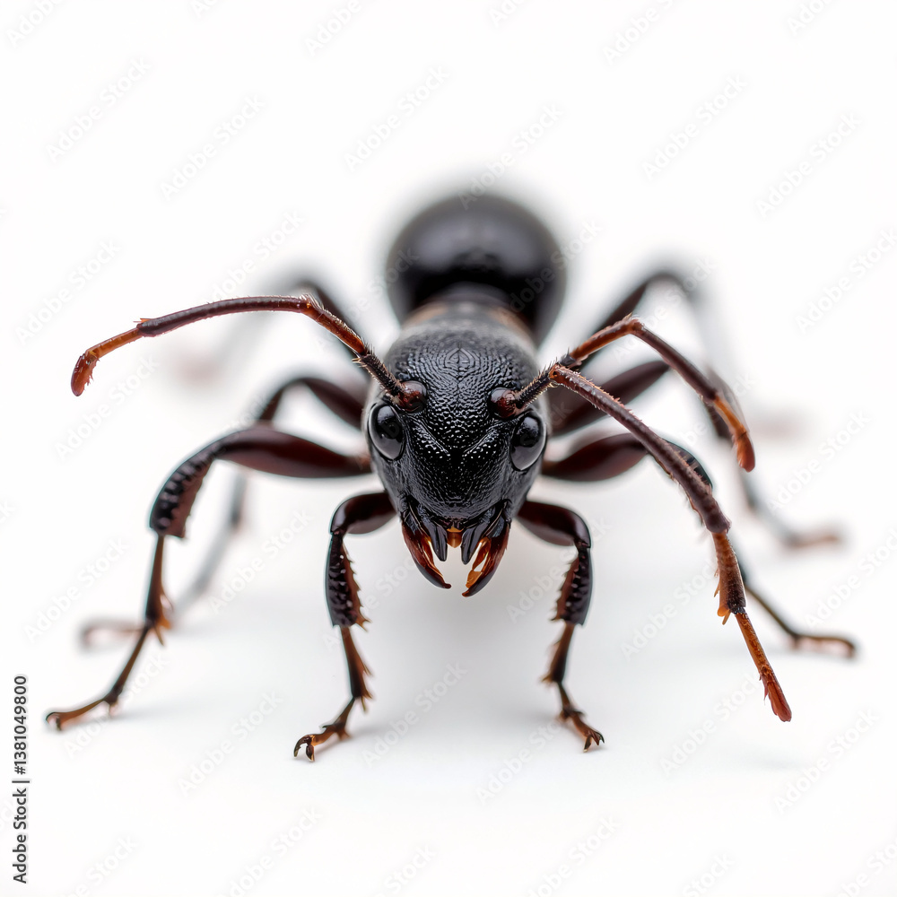 A close up of a black ant on a white surface. The ant is facing forward, and its body is a stark contrast to the white background. A close up of a black ant on a white surface. The ant is facing forward, and its body is a stark contrast to the white background.
