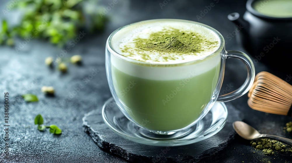 Delicious matcha latte with creamy froth. Delicious matcha latte with creamy froth.