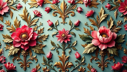 Intricate floral damask textile, faded elegance , texture, textures