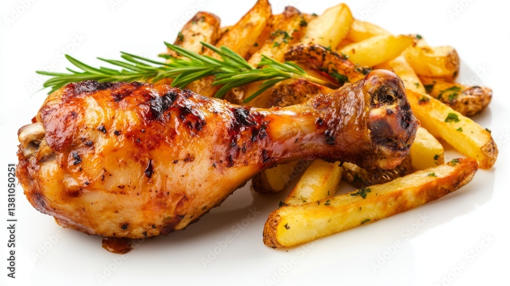 Delicious grilled chicken leg with crispy potatoes kitchen food photography bright setting close-up culinary delight Delicious grilled chicken leg with crispy potatoes kitchen food photography bright setting close-up culinary delight