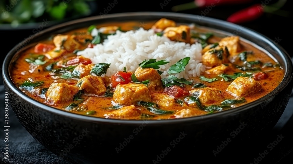 Bowl filled with curry, rice, spinach and chili. Close-up dark bowl on dark cloth Bowl filled with curry, rice, spinach and chili. Close-up dark bowl on dark cloth