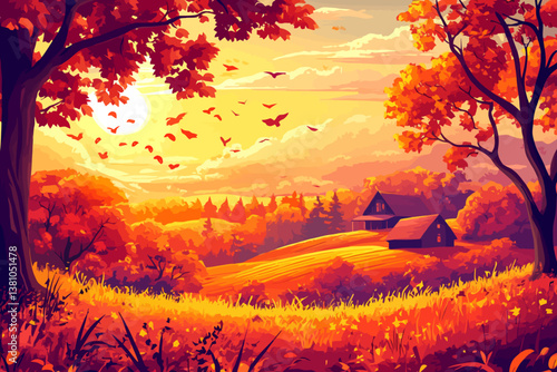 House sunset landscape 
