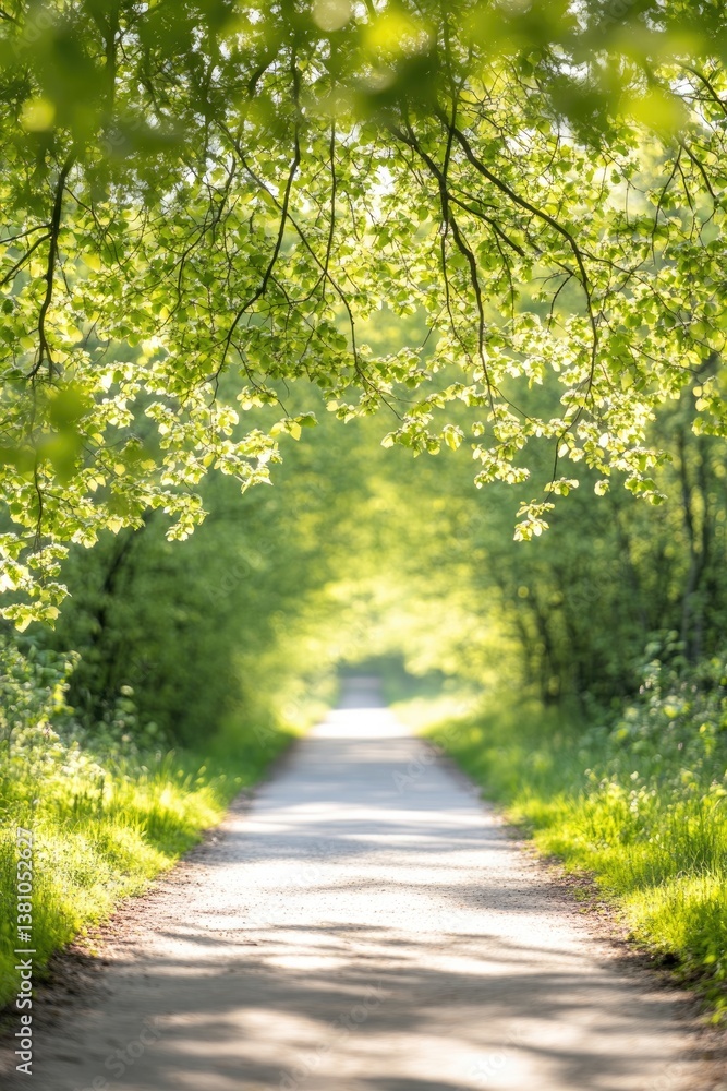 Fototapeta premium tree-lined path surrounded by budding branches inviting viewer into scene of springtime renewal