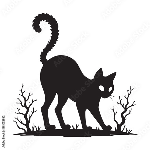 Spooky Black Cat Silhouette in a Haunted Helloween Vibs White Background 