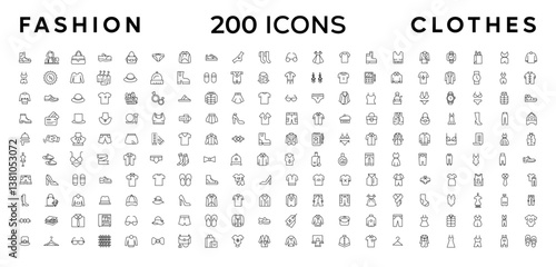 Fashion Minimal line icons collection. Jacket, Winter Coat, Sweatshirt, Dress, Hoody, Jeans, Hat icon for apps and website