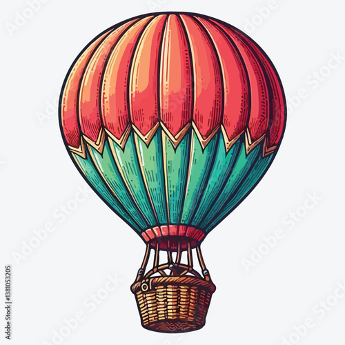 Red air balloon with a wicker basket isolated on white stock illustration