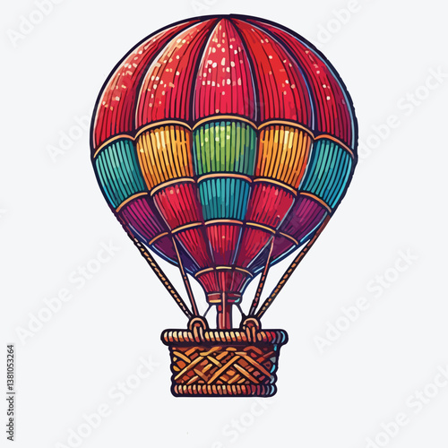Red air balloon with a wicker basket isolated on white stock illustration