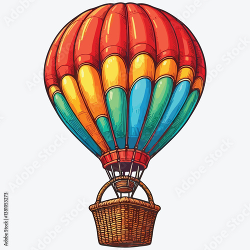 Red air balloon with a wicker basket isolated on white stock illustration